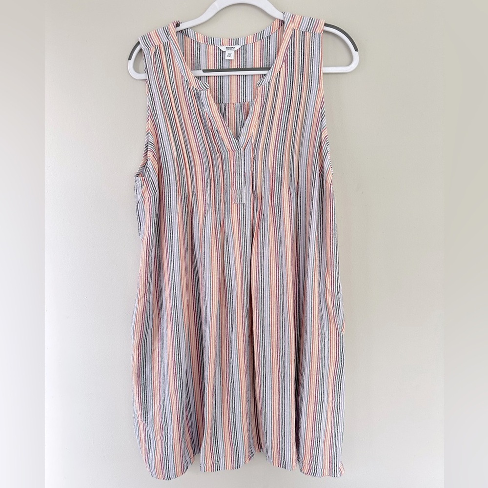 Sonoma Linen Blend Aframe dress Rainbow Striped Cottagecore  Pockets Sz XXL A172